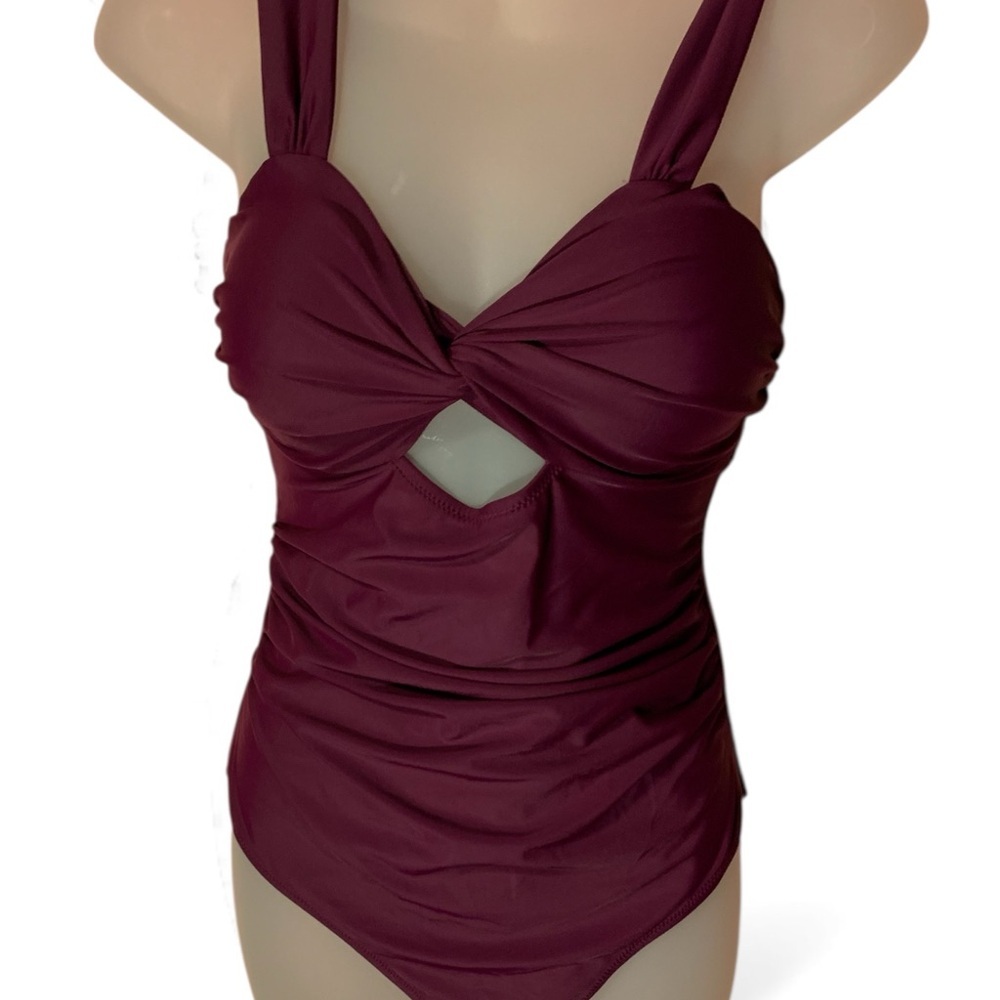 Chic Burgundy Twist Front One-Piece Swimsuit (item#10099)